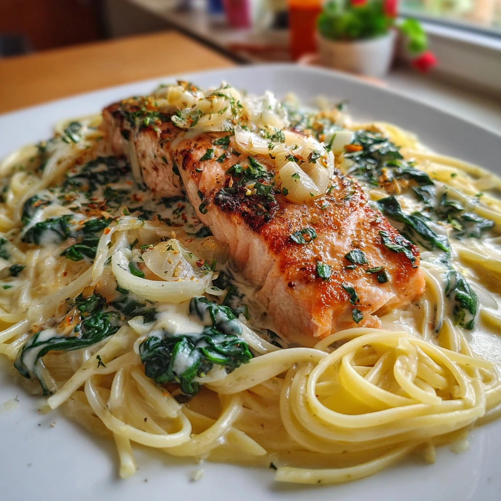 Nudeln in Lachs Sahne Soße mit Spinat einfach genießen!